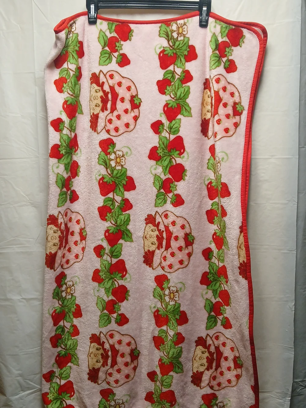 Pink Strawberry Shortcake Baby Blanket with Red Trim